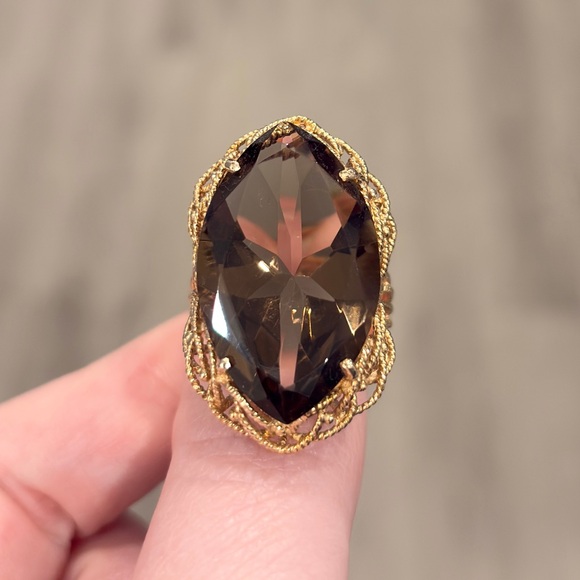 Vintage 10K Filigree Smoky Quartz Ring: Huge Marquis Bold Braided Gold Size 10.5 - Picture 4 of 11
